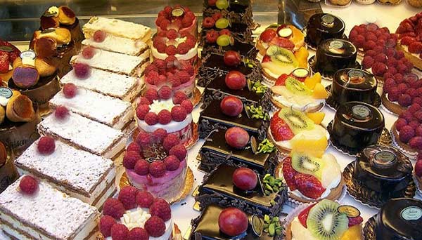 french bakery and delicious array of french cakes and pastries